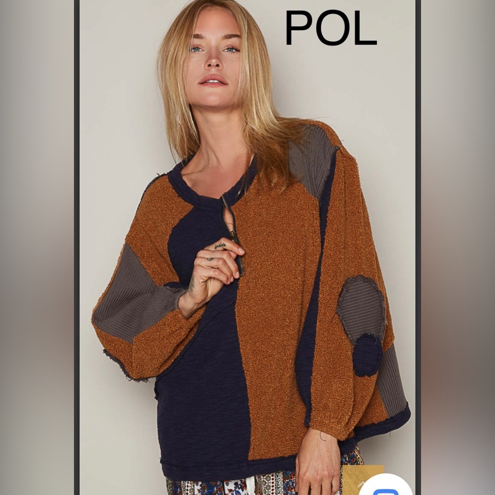 BP30🤎💙NEW! POL playful zip top brown+dark navy top w/cutout details! Match2pants - Picture 4 of 7